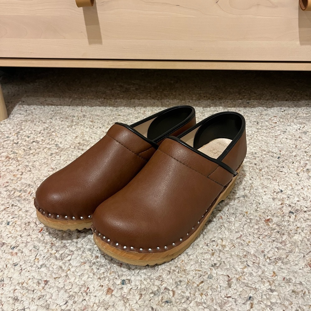 Good Guys Don’t Wear Leather vegan leather brown clogs